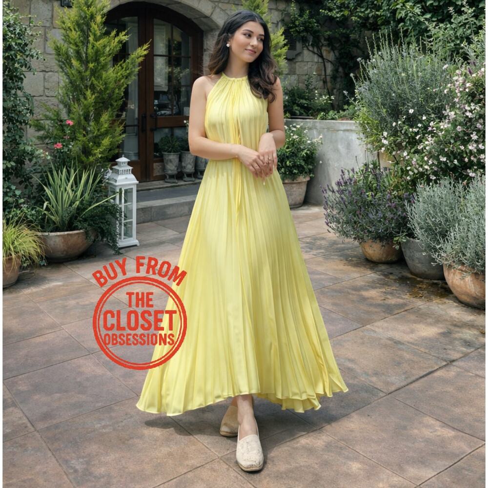 Mango NWT Butter Yellow Pleated Halter Midi Dress 8 - Picture 5 of 16